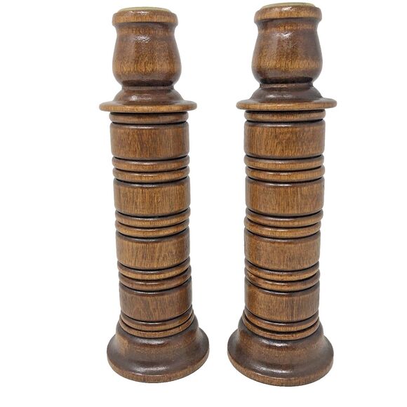 HOMCO Wooden Spool Candlestick Holders Brass Inserts Felted Bottom VTG Set of 2 - Picture 1 of 9